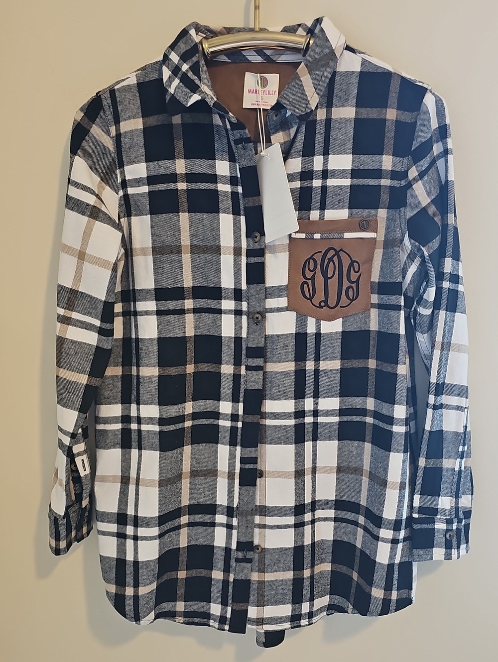 MarleyLilly Plaid Button Shirt with Tan Accent Pocket. Size Small NWT